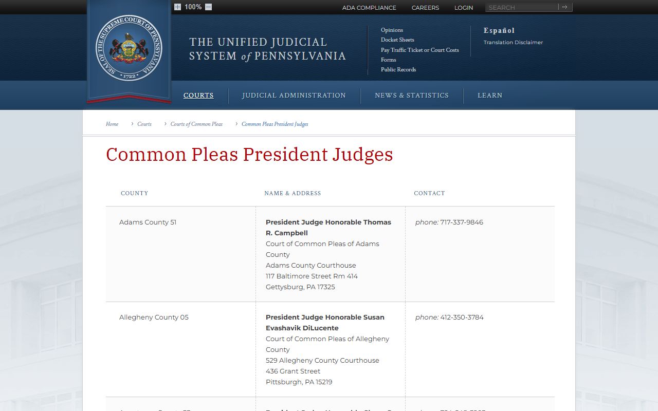 Venango County court dockets Common Pleas president judges