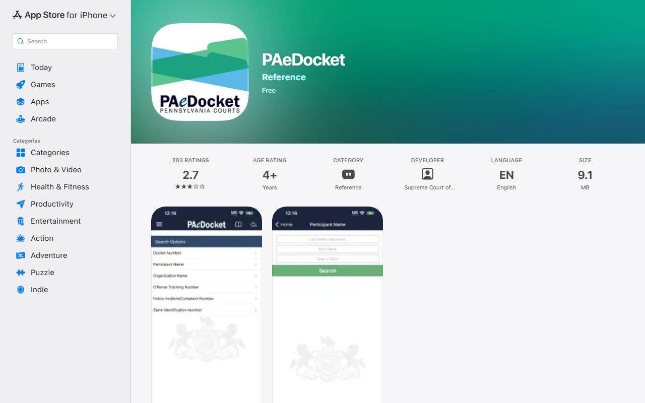 Venango County court dockets PAeDocket Apple App Store listing