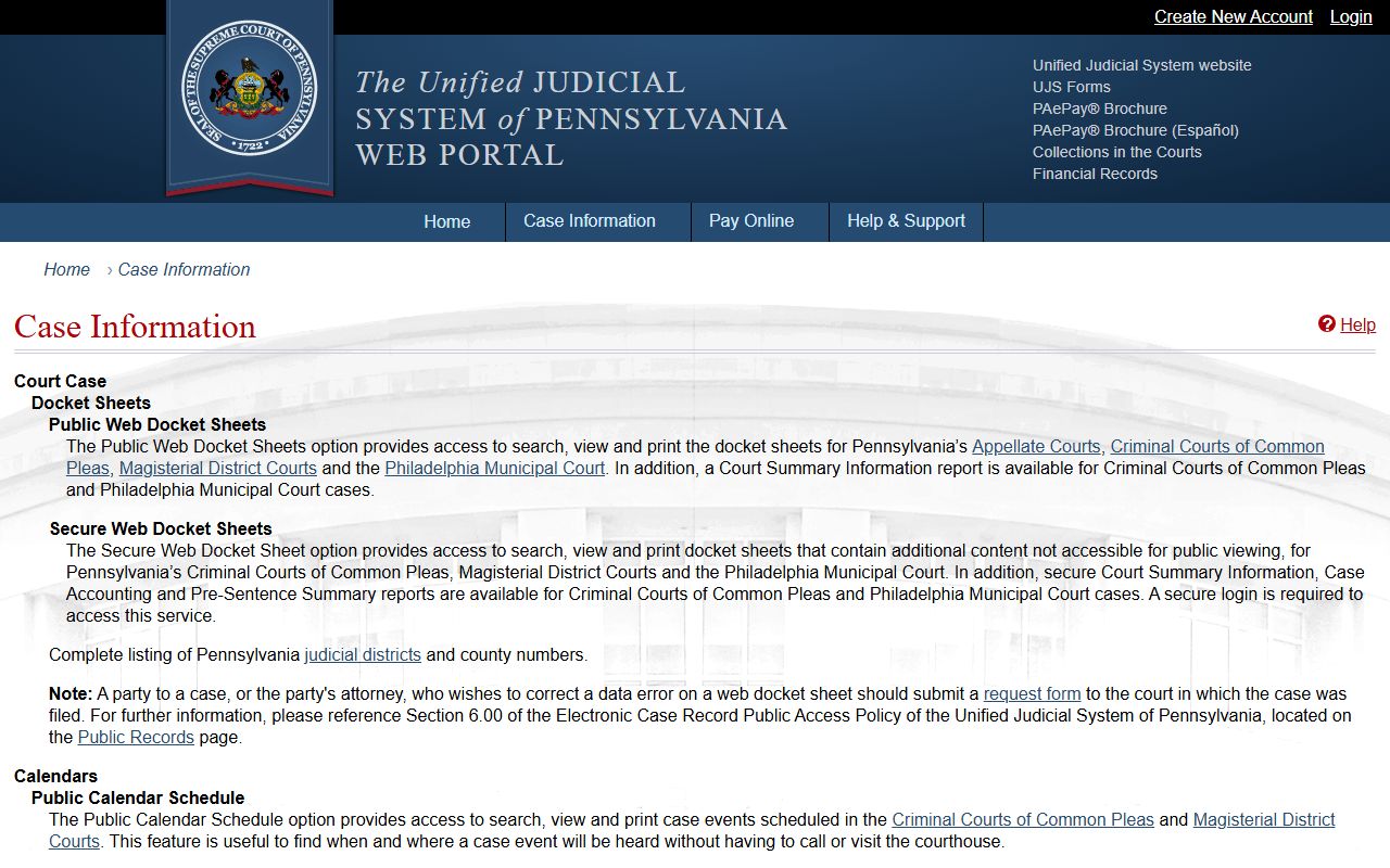Venango County court records UJS case information screen