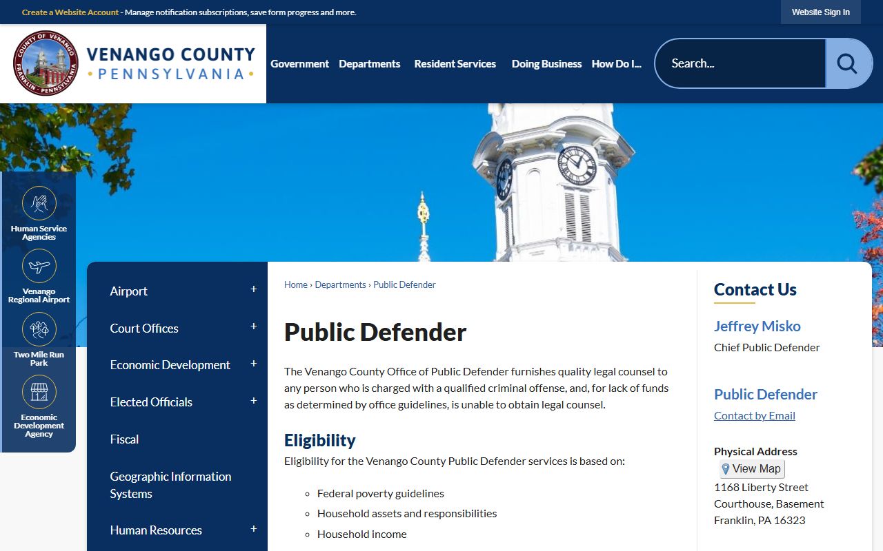 Venango County criminal court records Public Defender page