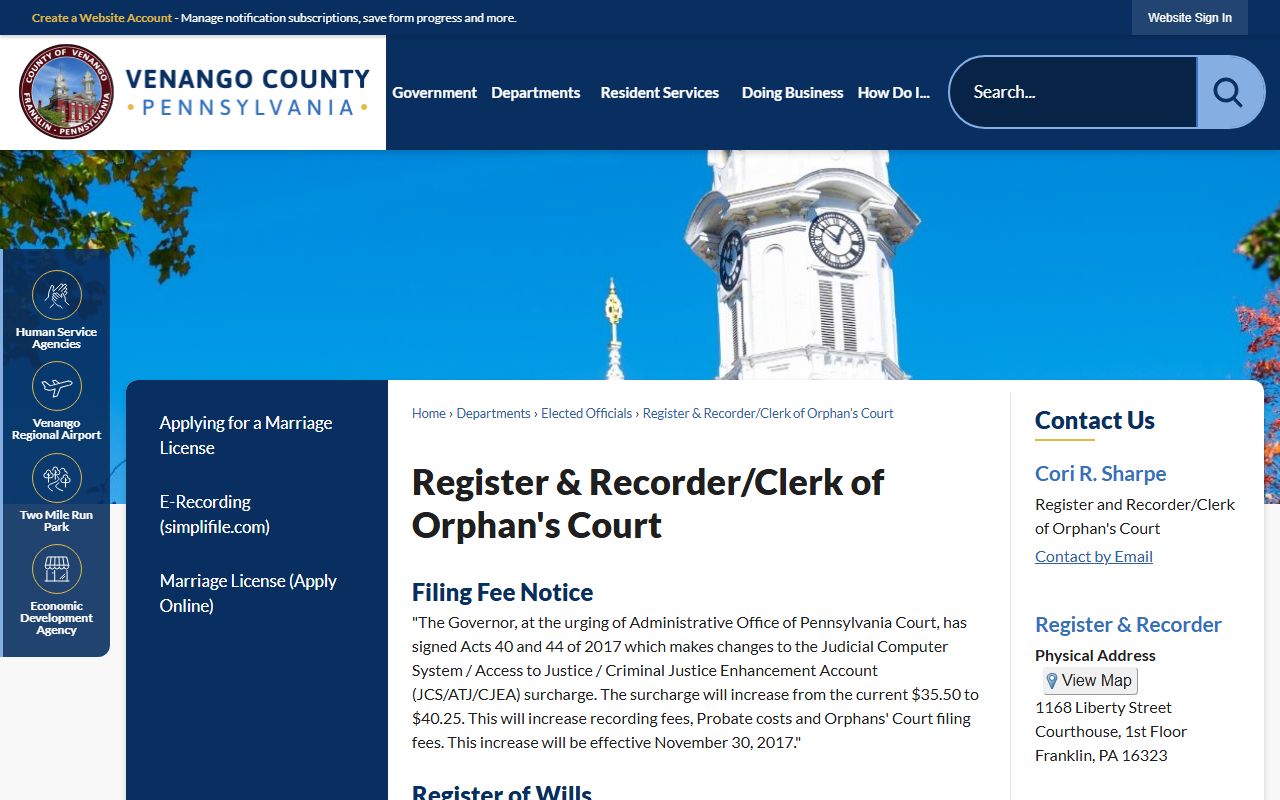 Venango County court records Register Recorder and Clerk of Orphans Court