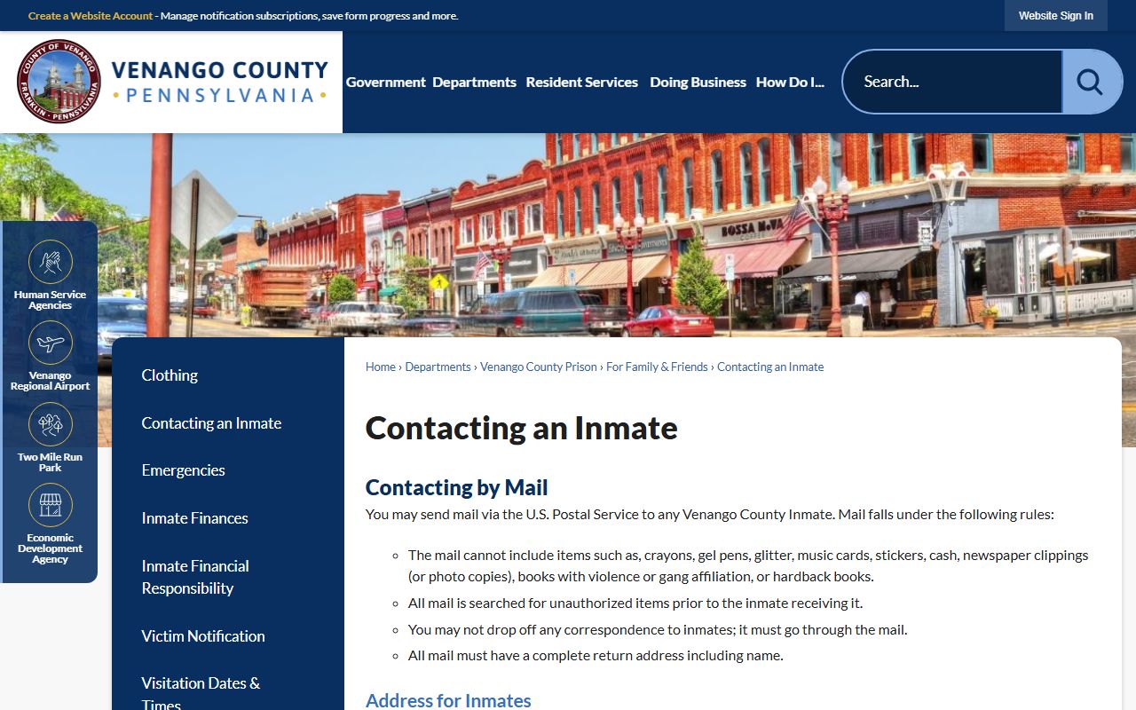 Venango County inmate mail and phone information
