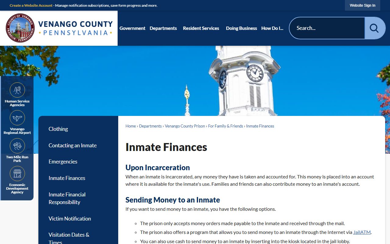 Venango County inmate finances information