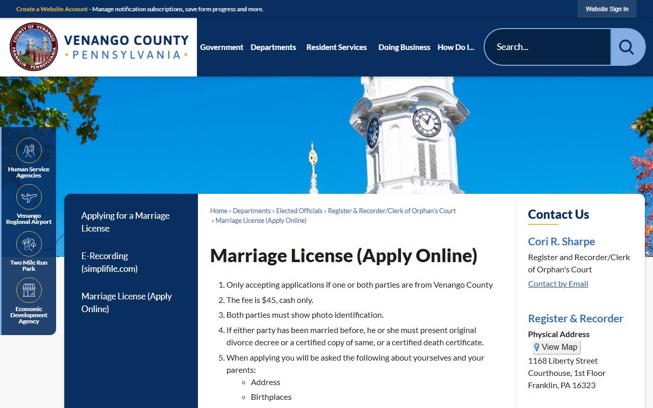 Venango County marriage records application instructions