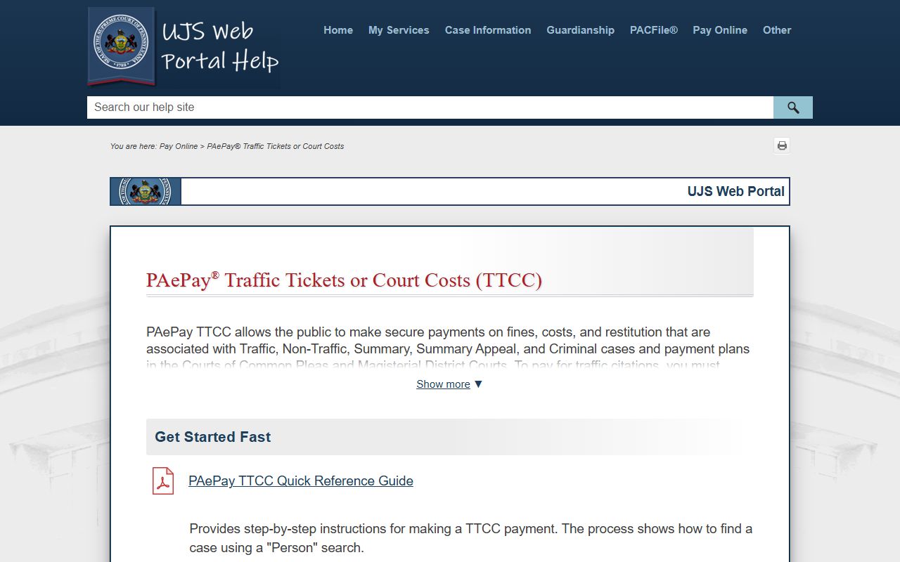 UJS PAePay traffic ticket court costs help