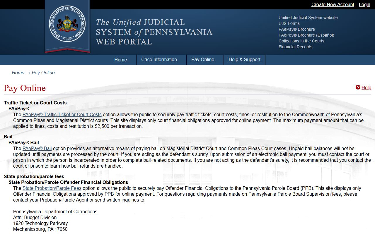 UJS Pay Online page for PAePay